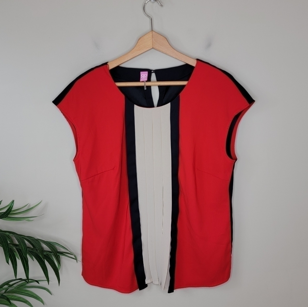 Basler Red Tan Black Colorblock Short Sleeve Blouse Size Medium Office Layering